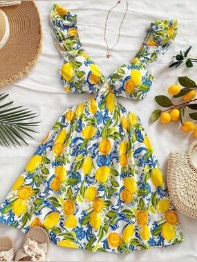 SHEIN Summer Lemon Print Cutout Sundress - White & Yellow